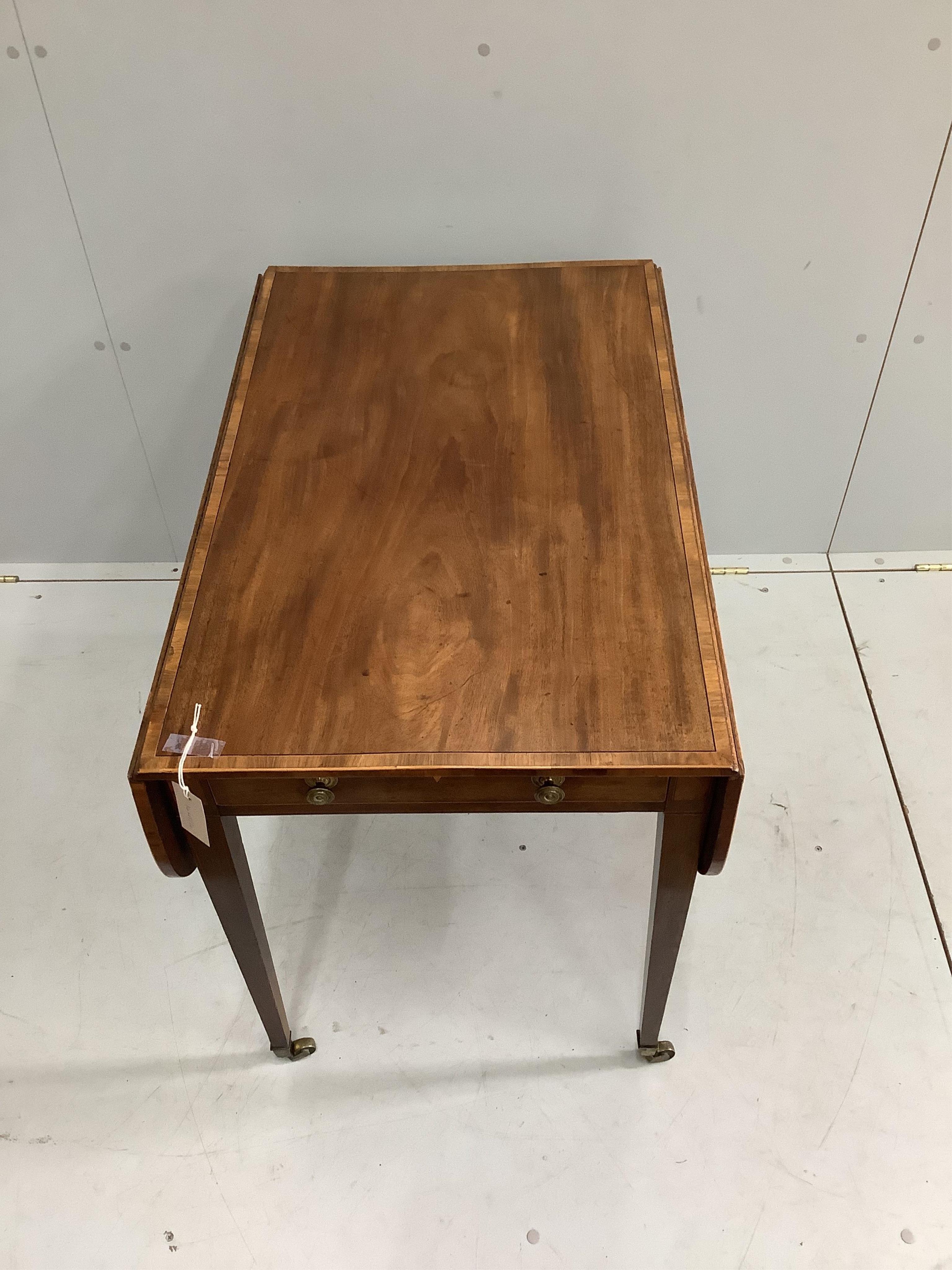 A George III satinwood banded mahogany Pembroke table, width 81cm, depth 52cm, height 70cm. Condition - fair